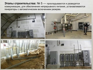 Этапы строительства: № 5 — прокладываются и разводятся
коммуникации, для обеспечения непрерывного питания, устанавливаются
генераторы с автоматическим включением резерва.
 
