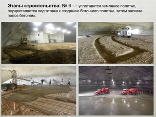 Этапы строительства: № 6 — уплотняется земляное полотно,
осуществляется подготовка к созданию бетонного полотна, затем заливка
полов бетоном.
 