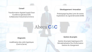 7
Abeca C&C
Conseil
Transformation digitale SupplyChain
Excellence opérationnelle
Collaboration Industrie/Commerce
Gestion de projets
Gestion de projets logistiques et SI
Dématérialisation flux d’information
Gestion du changement
Développement -Innovation
Prototypage big data / prev de ventes
Exploitation du signal demande (DSM)
Diagnostic
modélisation des coûts logistiques
(Cost to Serve)
 