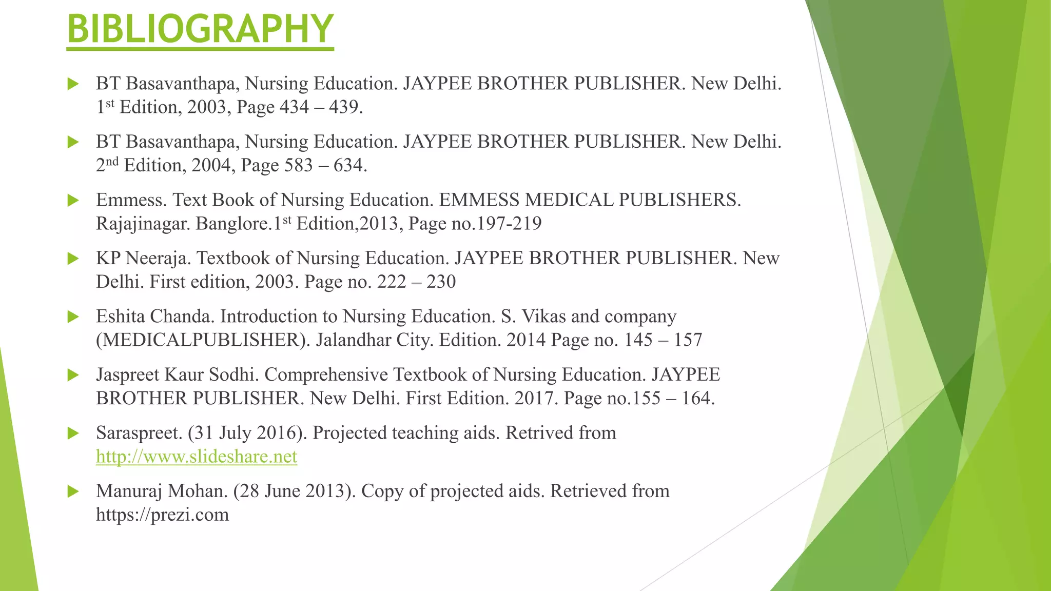 BIBLIOGRAPHY
 BT Basavanthapa, Nursing Education. JAYPEE BROTHER PUBLISHER. New Delhi.
1st Edition, 2003, Page 434 – 439.
 BT Basavanthapa, Nursing Education. JAYPEE BROTHER PUBLISHER. New Delhi.
2nd Edition, 2004, Page 583 – 634.
 Emmess. Text Book of Nursing Education. EMMESS MEDICAL PUBLISHERS.
Rajajinagar. Banglore.1st Edition,2013, Page no.197-219
 KP Neeraja. Textbook of Nursing Education. JAYPEE BROTHER PUBLISHER. New
Delhi. First edition, 2003. Page no. 222 – 230
 Eshita Chanda. Introduction to Nursing Education. S. Vikas and company
(MEDICALPUBLISHER). Jalandhar City. Edition. 2014 Page no. 145 – 157
 Jaspreet Kaur Sodhi. Comprehensive Textbook of Nursing Education. JAYPEE
BROTHER PUBLISHER. New Delhi. First Edition. 2017. Page no.155 – 164.
 Saraspreet. (31 July 2016). Projected teaching aids. Retrived from
http://www.slideshare.net
 Manuraj Mohan. (28 June 2013). Copy of projected aids. Retrieved from
https://prezi.com
 