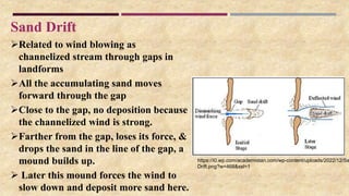 Sand Drift
Related to wind blowing as
channelized stream through gaps in
landforms
All the accumulating sand moves
forward through the gap
Close to the gap, no deposition because
the channelized wind is strong.
Farther from the gap, loses its force, &
drops the sand in the line of the gap, a
mound builds up.
 Later this mound forces the wind to
slow down and deposit more sand here.
https://i0.wp.com/academistan.com/wp-content/uploads/2022/12/Sa
Drift.png?w=468&ssl=1
 