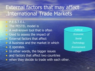 External factors that may affect
.International Trade Markets
•   P.E.S.T.E.L.
•   The PESTEL model is
•   A well-known tool that is often                .Political

•   Used to assess the impact of                  .Economic

•   External factors that affect                    .Social

•   A business and the market in which           .Technology
•   it operates.                                 .Environment
•   In other words, the bigger issues               .Legal
•   and factors that affect two countries
•   when they decide to trade with each other.

                                                                22
 