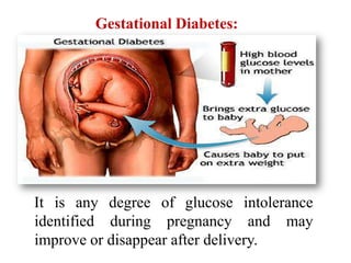 Gestational Diabetes:




It is any degree of glucose intolerance
identified during pregnancy and may
improve or disappear after delivery.
 