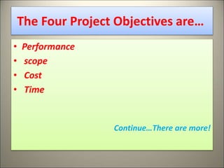 The Four Project Objectives are…
• Performance
• scope
• Cost
• Time
Continue…There are more!
6
 