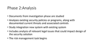 Phase 2:Analysis
• Documents from investigation phase are studied
• Analyzes existing security policies or programs, along with
documented current threats and associated controls
• Study integration new system with existing system
• Includes analysis of relevant legal issues that could impact design of
the security solution
• The risk management task begins
 