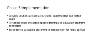 Phase 5:Implementation
• Security solutions are acquired, tested, implemented, and tested
again
• Personnel issues evaluated; specific training and education programs
conducted
• Entire tested package is presented to management for final approval
 