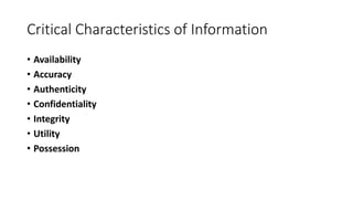 Critical Characteristics of Information
• Availability
• Accuracy
• Authenticity
• Confidentiality
• Integrity
• Utility
• Possession
 