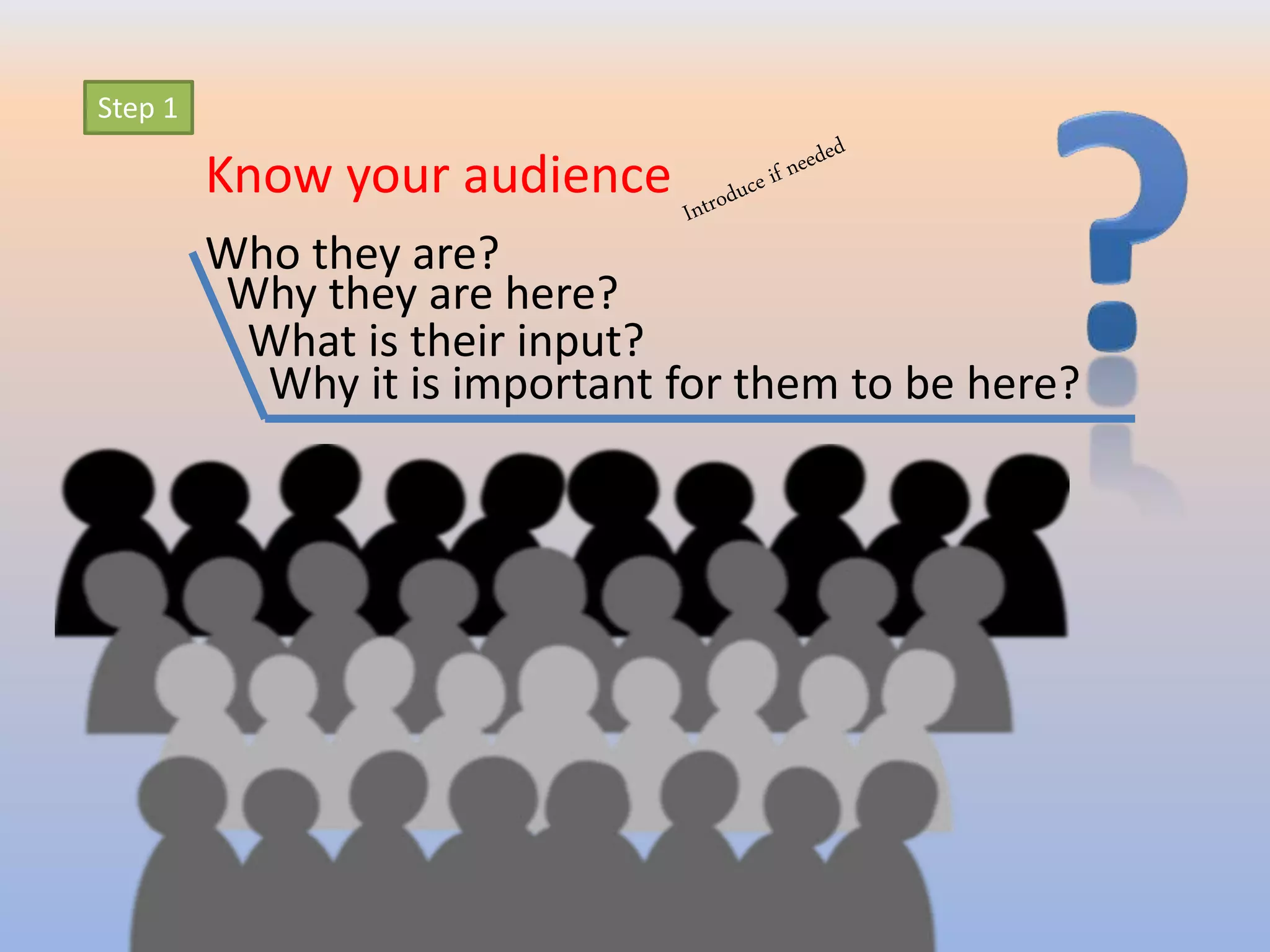 Step 1
Know your audience
Who they are?
Why they are here?
What is their input?
Why it is important for them to be here?
