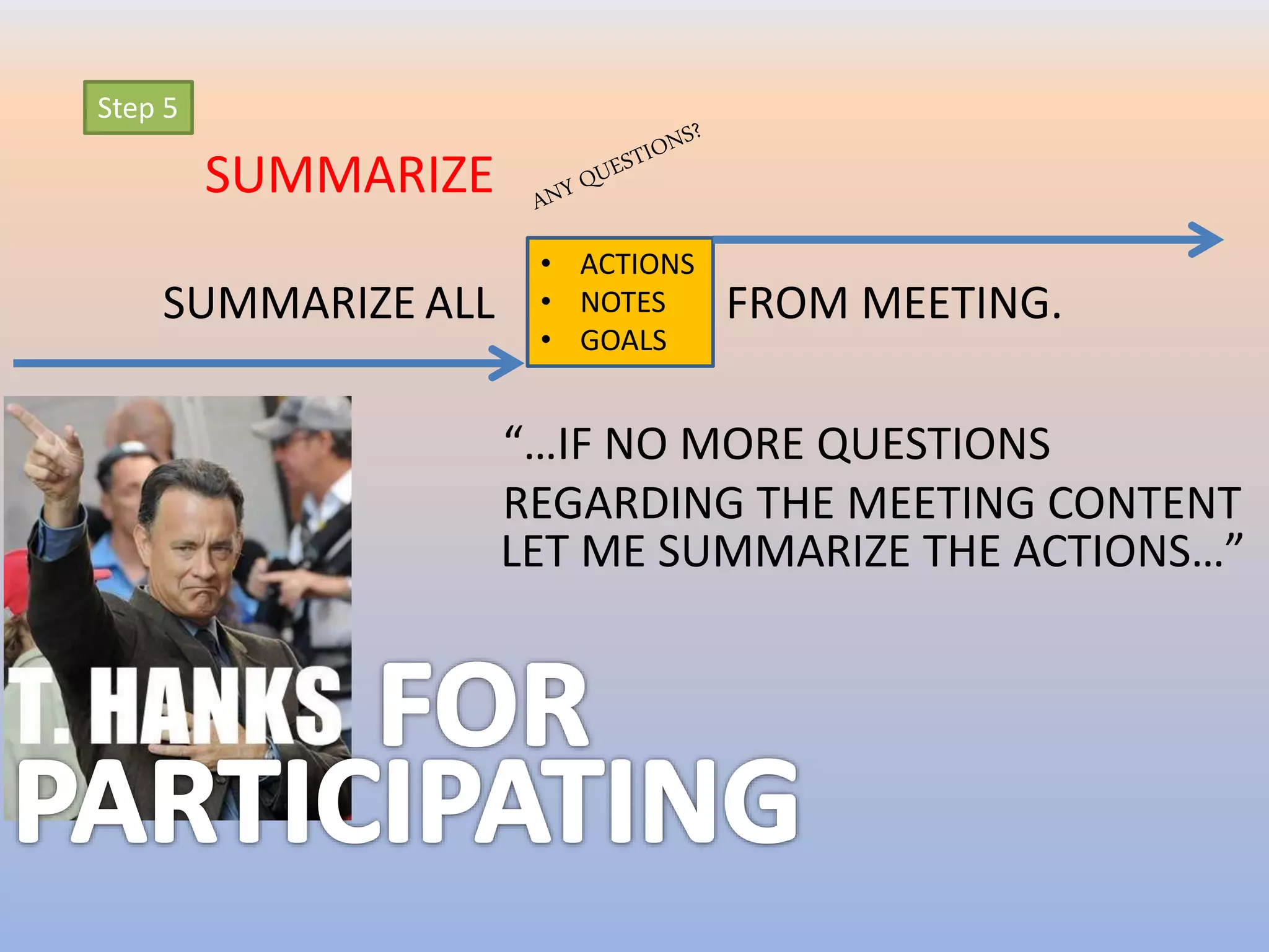 Step 5
SUMMARIZE
SUMMARIZE ALL
• ACTIONS
• NOTES
• GOALS
FROM MEETING.
“…IF NO MORE QUESTIONS
REGARDING THE MEETING CONTENT
LET ME SUMMARIZE THE ACTIONS…”