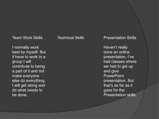Team Work SkillsI normally work best by myself. But if have to work in a group I will contribute to being a part of it and not make everyone else do everything. I will get along and do what needs to be done.Presentation SkillsHaven’t really done an online presentation. I’ve had classes where we had to get up and give PowerPoint presentation. But that’s as far as it goes for the Presentation skills.Technical Skills 