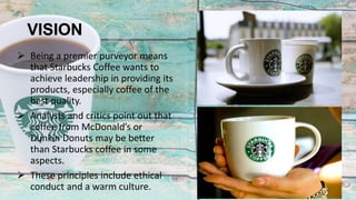 VISION
 Being a premier purveyor means
that Starbucks Coffee wants to
achieve leadership in providing its
products, especially coffee of the
best quality.
 Analysts and critics point out that
coffee from McDonald’s or
Dunkin Donuts may be better
than Starbucks coffee in some
aspects.
 These principles include ethical
conduct and a warm culture.
 