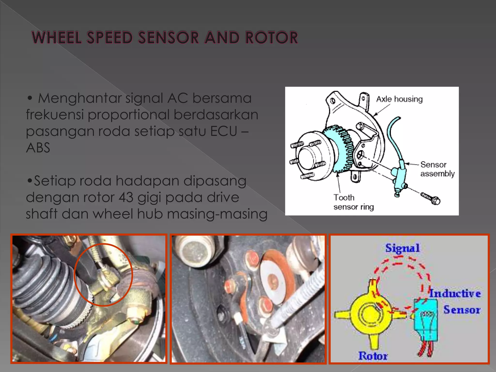 • Menghantar signal AC bersama
frekuensi proportional berdasarkan
pasangan roda setiap satu ECU –
ABS
•Setiap roda hadapan dipasang
dengan rotor 43 gigi pada drive
shaft dan wheel hub masing-masing
 
