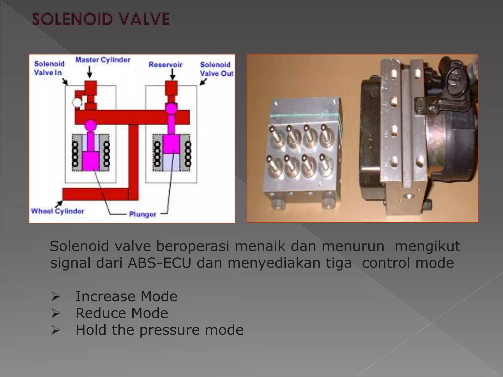 Solenoid valve beroperasi menaik dan menurun mengikut
signal dari ABS-ECU dan menyediakan tiga control mode
 Increase Mode
 Reduce Mode
 Hold the pressure mode
 
