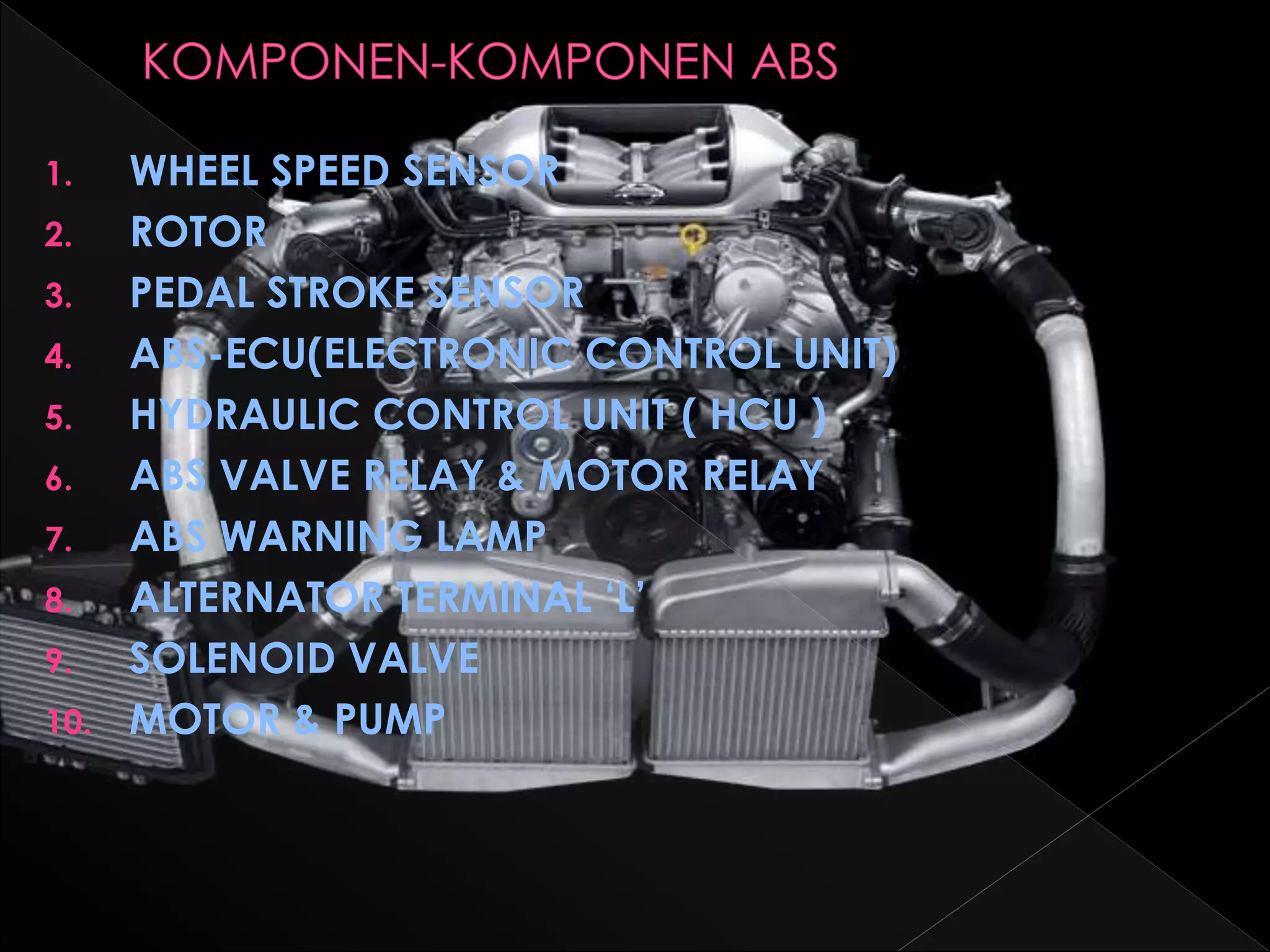1. WHEEL SPEED SENSOR
2. ROTOR
3. PEDAL STROKE SENSOR
4. ABS-ECU(ELECTRONIC CONTROL UNIT)
5. HYDRAULIC CONTROL UNIT ( HCU )
6. ABS VALVE RELAY & MOTOR RELAY
7. ABS WARNING LAMP
8. ALTERNATOR TERMINAL ‘L’
9. SOLENOID VALVE
10. MOTOR & PUMP
 