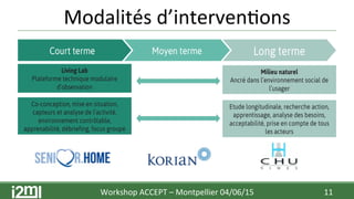 Modalités	
  d’interven7ons	
  
11	
  Workshop	
  ACCEPT	
  –	
  Montpellier	
  04/06/15	
  	
  	
  
 
