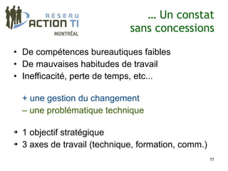 … Un constat
                               sans concessions

• De compétences bureautiques faibles
• De mauvaises habitudes de travail
• Inefficacité, perte de temps, etc...

    + une gestion du changement
    – une problématique technique

➔   1 objectif stratégique
➔   3 axes de travail (technique, formation, comm.)
                                                      11
 