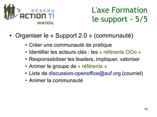 L'axe Formation
                                       le support - 5/5
●   Organiser le « Support 2.0 » (communauté)
       •   Créer une communauté de pratique
       •   Identifier les acteurs clés : les « référents OOo »
       •   Responsabiliser les leaders, impliquer, valoriser
       •   Animer le groupe de « référents »
       •   Liste de discussion-openoffice@auf.org (courriel)
       •   Animer la communauté




                                                                 19
 