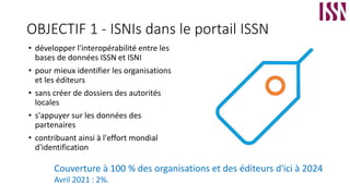 OBJECTIF 1 - ISNIs dans le portail ISSN
• développer l'interopérabilité entre les
bases de données ISSN et ISNI
• pour mieux identifier les organisations
et les éditeurs
• sans créer de dossiers des autorités
locales
• s'appuyer sur les données des
partenaires
• contribuant ainsi à l'effort mondial
d'identification
Couverture à 100 % des organisations et des éditeurs d'ici à 2024
Avril 2021 : 2%.
 
