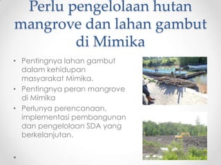 Perlu pengelolaan hutan
mangrove dan lahan gambut
di Mimika
• Pentingnya lahan gambut
dalam kehidupan
masyarakat Mimika.
• Pentingnya peran mangrove
di Mimika
• Perlunya perencanaan,
implementasi pembangunan
dan pengelolaan SDA yang
berkelanjutan.
 