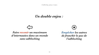 Un double enjeu :
Faire revenir un maximum
d’internautes dans un monde
sans adblocking
Empêcher les autres
de franchir le pas de
l’adblocking
L’adblocking, aperçu et enjeux
 