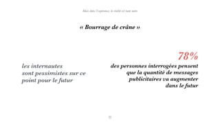 « Bourrage de crâne »
les internautes
sont pessimistes sur ce
point pour le futur
78%
des personnes interrogées pensent
que la quantité de messages
publicitaires va augmenter
dans le futur
Mais dans l’expérience, la réalité est toute autre
 