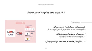 Payer pour ne plus être exposé ?
« Pour moi, Youtube, c’est gratuit,
je ne conçois pas de payer pour ne pas voir de pub »
-
« C’est quand même aberrant !
Payer pour ne pas avoir de la pub ! »
-
« Je paye déjà ma box, Canal+, Netﬂix… »
Internautes
Quelles voies de réconciliation ?
 