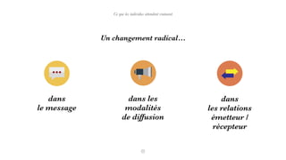 Ce que les individus attendent vraiment
dans
le message
dans les
modalités
de diffusion
dans
les relations
émetteur /
récepteur
Un changement radical…
 