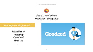 Ce que les individus attendent vraiment
dans les relations
émetteur / récepteur
une reprise de pouvoir
MyAdFilter
Viewpay
Goodeed
YouLike
…
 