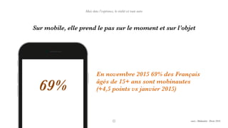 Sur mobile, elle prend le pas sur le moment et sur l’objet
En novembre 2015 69% des Français
âgés de 15+ ans sont mobinautes
(+4,5 points vs janvier 2015)
Mais dans l’expérience, la réalité est toute autre
69%
source : Mediamétrie - Février 2016
 