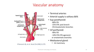 Vascular anatomy
• Terminal arteries
• Arterial supply is solitary 66%
• Sup parathyroid:
-80% ITA
-15% STA: post branch
-5% Anastomotic branches
• Inf parthyroid:
-90% ITA
-10% STA (ITA agenesis)
or anastomotic branches
• Mediastenal gland:
• Int mammary
10
Parathyroid Embryology and Anatomy
•Filament JB, et al. Anat Clin1982;3:279.
 