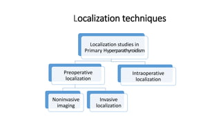 Localization techniques
Localization studies in
Primary Hyperparathyroidism
Preoperative
localization
Noninvasive
imaging
Invasive
localization
Intraoperative
localization
 