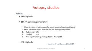 Autopsy studies
Results
• 84%- 4 glands
• 13%->4 glands: supernumerary
• Majority within the thymus or fat near the normal parathyroid gland
• More commonly found in MEN1 and Sec. hyperparathyroidism
1. Rudimentary 2%
2. Divided 6%
3. True supernumerary: >5 mg, at some distance 5%
• 3%-<4 glands
Parathyroid Embryology and Anatomy 7
•Akerstrom G etal. Surgery 1984;95:14.
 