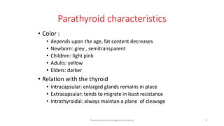 Parathyroid characteristics
• Color :
• depends upon the age, fat content decreases
• Newborn: grey , semitransparent
• Children: light pink
• Adults: yellow
• Elders: darker
• Relation with the thyroid
• Intracapsular: enlarged glands remains in place
• Extracapsular: tends to migrate in least resistance
• Intrathyroidal: always maintan a plane of cleavage
Parathyroid Embryology and Anatomy 9
 