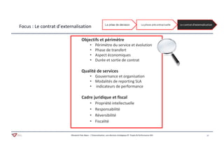 17Aferwork Pole Alpes– L’Externalisation, une décision stratégique © Projets & Performance SAS
Focus : Le contrat d’externalisation
Objectifs et périmètre
• Périmètre du service et évolution
• Phase de transfert
• Aspect économiques
• Durée et sortie de contrat
Qualité de services
• Gouvernance et organisation
• Modalités de reporting SLA
• indicateurs de performance
Cadre juridique et fiscal
• Propriété intellectuelle
• Responsabilité
• Réversibilité
• Fiscalité
 