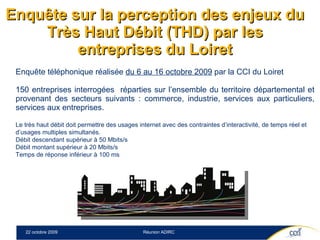 Enquête sur la perception des enjeux du Très Haut Débit (THD) par les entreprises du Loiret Enquête téléphonique réalisée  du 6 au 16 octobre 2009  par la CCI du Loiret 150 entreprises interrogées  réparties sur l’ensemble du territoire départemental et provenant des secteurs suivants : commerce, industrie, services aux particuliers, services aux entreprises. Le très haut débit doit permettre des usages internet avec des contraintes d’interactivité, de temps réel et d’usages multiples simultanés.  Débit descendant supérieur à 50 Mbits/s Débit montant supérieur à 20 Mbits/s Temps de réponse inférieur à 100 ms 