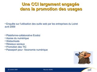 Une CCI largement engagée  dans la promotion des usages Enquête sur l’utilisation des outils web par les entreprises du Loiret avril 2009 Plateforme-collaborative Ecobiz  Assise du numérique Webschools Réseaux sociaux  Promotion des TIC Passeport pour  l’économie numérique  