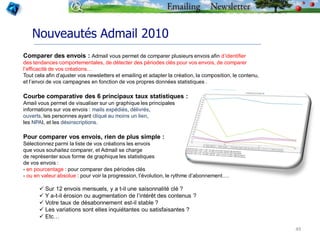 Nouveautés Admail 2010
Comparer des envois : Admail vous permet de comparer plusieurs envois afin d’identifier
des tendanc...