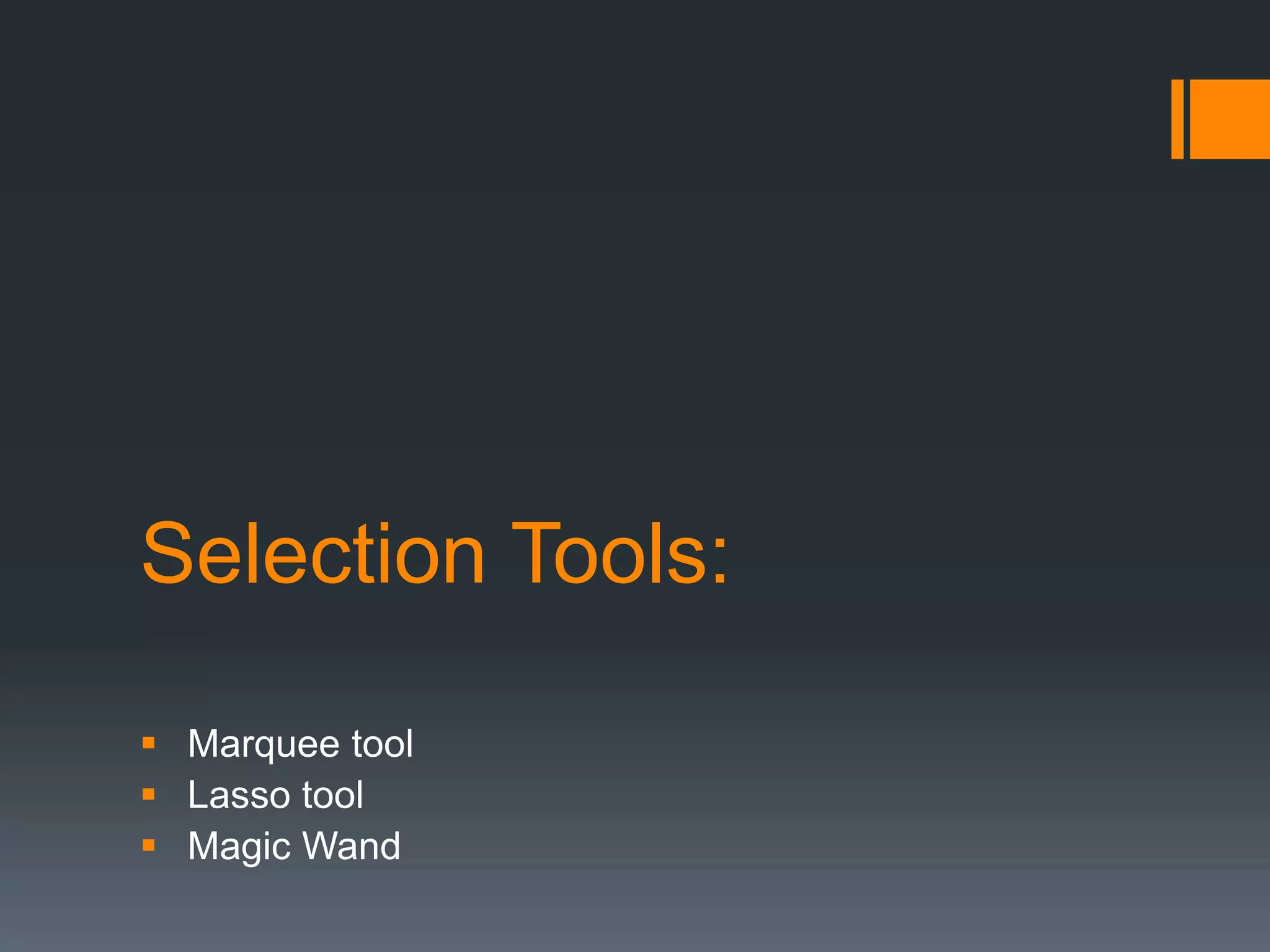 Selection Tools:
 Marquee tool
 Lasso tool
 Magic Wand
 