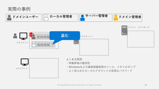 実際の事例
24
資格情報
資格情報
よくある原因
・特権昇格の脆弱性
・Mimikatzなどの資格情報取得のツール、メモリのダンプ
・よく知られたローカルアカウントの安易なパスワード
© Copyright Microsoft Corporation. All rights reserved.
 