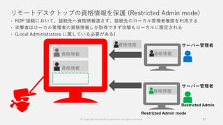 リモートデスクトップの資格情報を保護 (Restricted Admin mode)
 RDP 接続において、接続先へ資格情報渡さず、接続先のローカル管理者権限を利用する
 攻撃者はローカル管理者の資格情報しか取得できず攻撃もローカルに限定される
 (Local Administrators に属している必要がある)
67
資格情報
資格情報
資格情報
資格情報
資格情報
Restricted Admin mode
Restricted Admin
© Copyright Microsoft Corporation. All rights reserved.
 