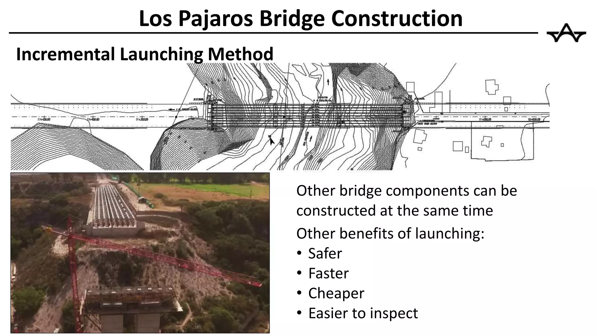 Other benefits of launching:
• Safer
• Faster
• Cheaper
• Easier to inspect
Other bridge components can be
constructed at the same time
Incremental Launching Method
Los Pajaros Bridge Construction
 