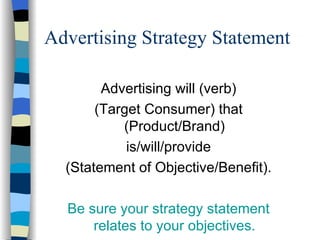 Advertising Strategy Statement Advertising will (verb) (Target Consumer) that (Product/Brand) is/will/provide (Statement of Objective/Benefit). Be sure your strategy statement relates to your objectives. 