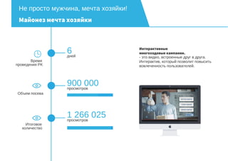 Не просто мужчина, мечта хозяйки!
Майонез мечта хозяйки
6дней
900 000просмотров
1 266 025просмотров
Время
проведения PK
Объем посева
Итоговое
количество
Интерактивные
многоходовые кампании.
- это видео, встроенные друг в друга.
Интерактив, который позволит повысить
вовлеченность пользователей.
 