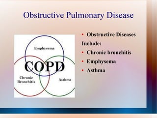 Obstructive Pulmonary Disease Obstructive Diseases  Include: Chronic bronchitis Emphysema Asthma 