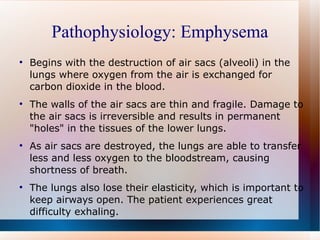 Pathophysiology: Emphysema Begins with the destruction of air sacs (alveoli) in the lungs where oxygen from the air is exchanged for carbon dioxide in the blood.  The walls of the air sacs are thin and fragile. Damage to the air sacs is irreversible and results in permanent "holes" in the tissues of the lower lungs.  As air sacs are destroyed, the lungs are able to transfer less and less oxygen to the bloodstream, causing shortness of breath.  The lungs also lose their elasticity, which is important to keep airways open. The patient experiences great difficulty exhaling. 