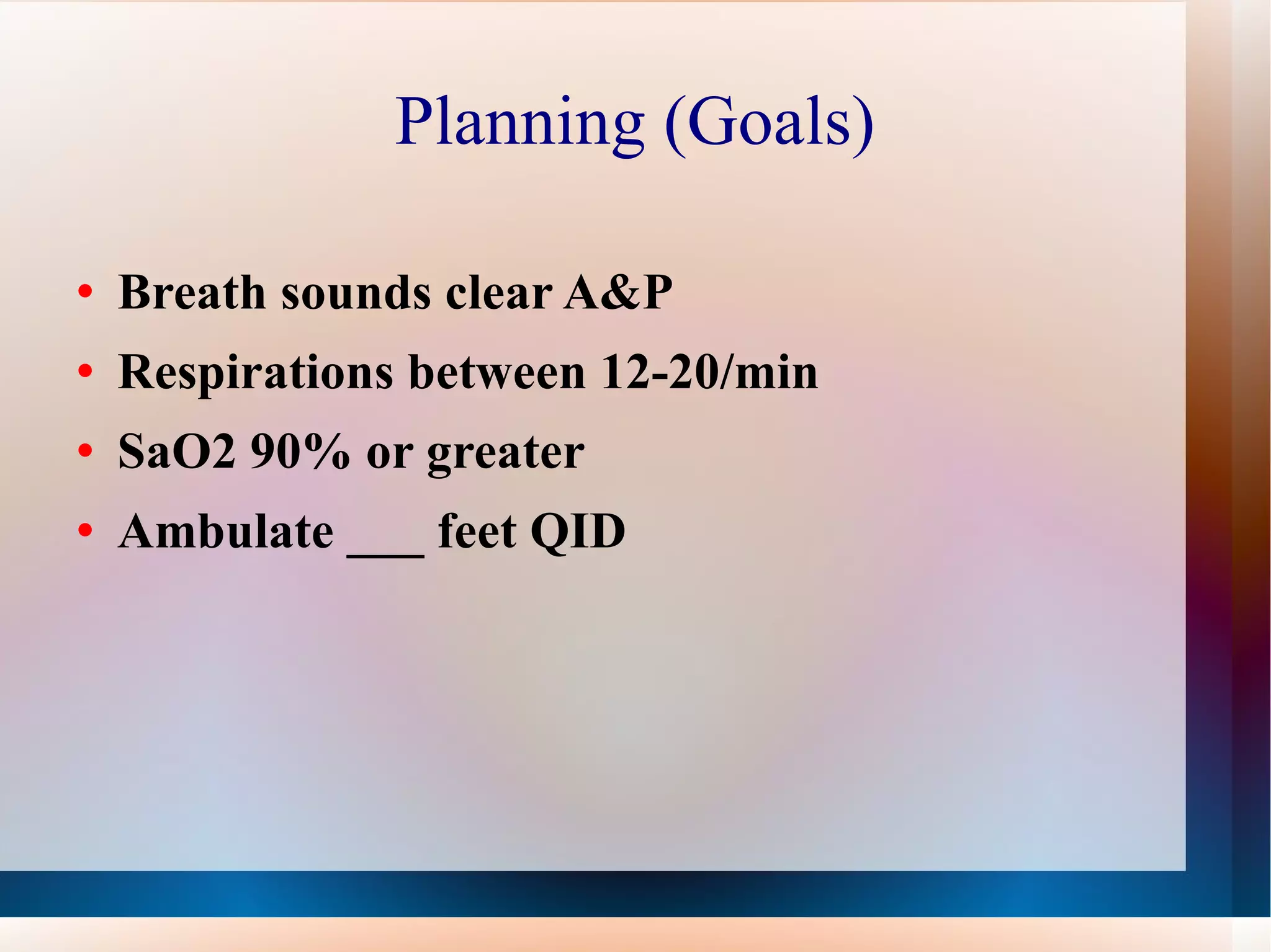 Planning (Goals) Breath sounds clear A&P Respirations between 12-20/min SaO2 90% or greater Ambulate ___ feet QID 