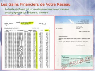 Les Gains Financiers de Votre Réseau
  La feuille de Bonus est un un relevé mensuel de commission
  accompagné de son chèque ou virement




                           Présentation de l’Opportunité d’Affaire
 