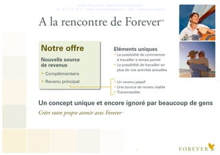 Olivier Deschanel - Distributeur Indépendant
Tel. 06.21.19.16.77 - olivier_verateam@yahoo.fr - Site : www.aloeveragel.fr
3
A la rencontre de ForeverTM
Un concept unique et encore ignoré par beaucoup de gens
Créer votre propre avenir avec ForeverTM
Un revenu passif
Une source de revenu stable
Transmissible
Eléments uniques
La possibilité de commencer
à travailler à temps partiel
La possibilité de travailler en
plus de vos activités actuelles
Notre offre
Nouvelle source
de revenus
Complémentaire
Revenu principal
 