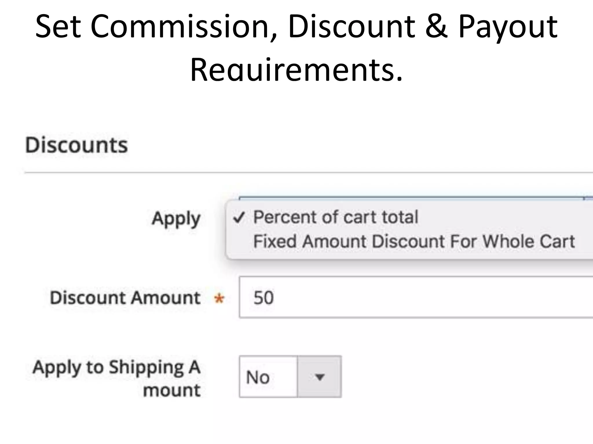 Set Commission, Discount & Payout
Requirements.