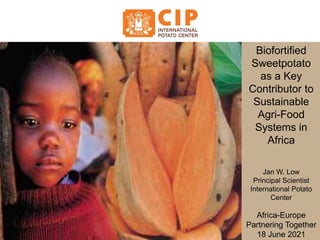 JUNE • 2019
Building
Gender-
Responsive &
Nutritious
Sweetpotato
Value Chains
Biofortified
Sweetpotato
as a Key
Contributor to
Sustainable
Agri-Food
Systems in
Africa
Jan W. Low
Principal Scientist
International Potato
Center
Africa-Europe
Partnering Together
18 June 2021
 